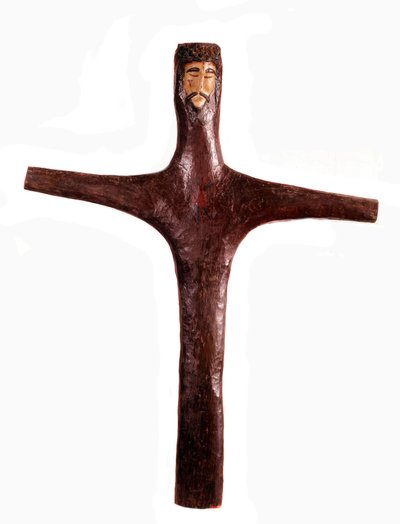 Mexican art: polychrome wooden cross with head of Christ carved from one piece. 17th century. Mexico. Michoacan Regional Museum by Mexican School