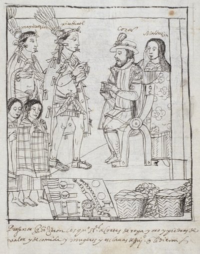 Montezuma meets Cortez, from Historia de Tlaxcala by Diego Munoz Camargo by Mexican School