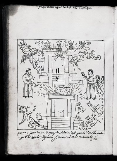 Franciscans Burning Temples, Illustration from Historia de Tlaxcala by Diego Munoz Camargo by Mexican School