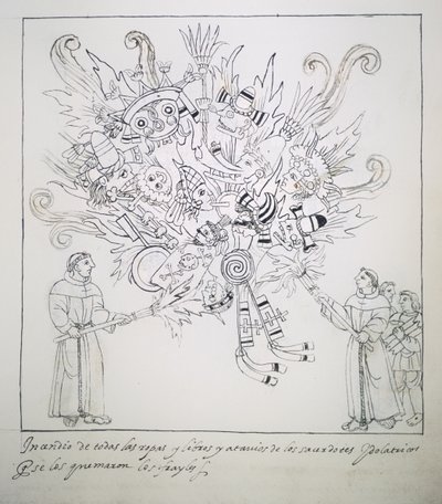 Franciscan Friars Burning Traditional Books and Clothes, from Historia de Tlaxcala by Diego Munoz Camargo by Mexican School
