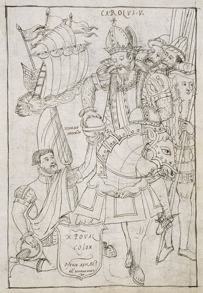Christopher Columbus Symbolically offers the New World to Charles V, from Historia de Tlaxcala by Diego Munoz Camargo by Mexican School