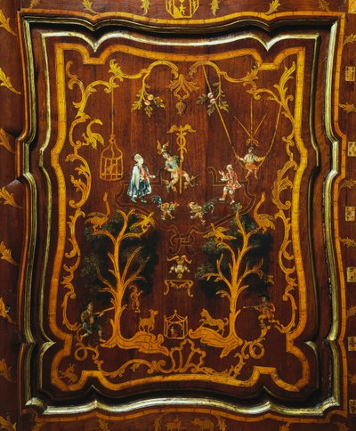 Rococo style wood linen cupboard with polychrome inlays and base by Mexican School