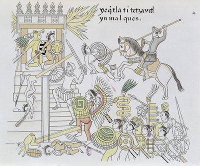 The Burning of the Idols by Hernan Cortes, illustration from a facsimile of a Mexican Indian picture history Lienzo de Tlaxcala of c.1550, 1892 by Mexican School