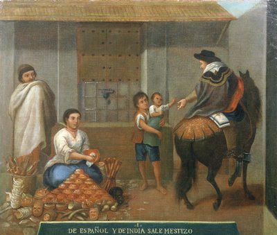 Three figures by a market stall by Mexican School