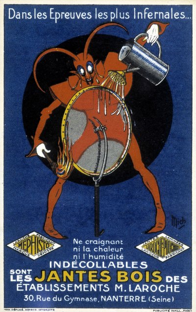 Red devil in front of a bike wheel illustrating an ad for the wooden rims of Laroche (Nanterre) establishments (engraving) by Mich