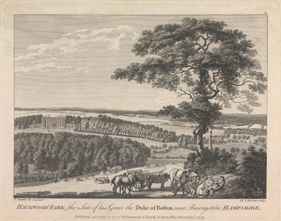 Hackwood Park, the Seat of his Grace the Duke of Bolton near Basingstoke, Hampshire (published by G. Kearsly); page 19 (Volume Two) by Michael Angelo Rooker