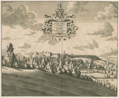 Tutbury Castle - Distant View (copper-plate engraving, c. 1686) by Michael Burghers