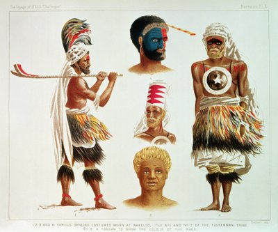 Various Dancing Costumes Worn at Nakello, Fiji, Illustration from 