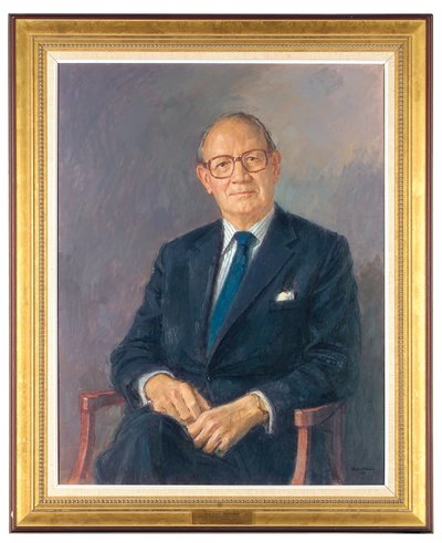 Portrait of Lord Aldington, seated wearing a dark suit by Michael Noakes