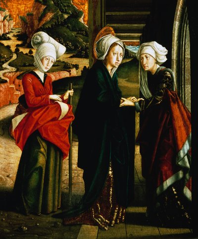 Visitation of Mary, bottom panel of Scenes from life of Christ, St Wolfgang Altarpiece by Michael Pacher
