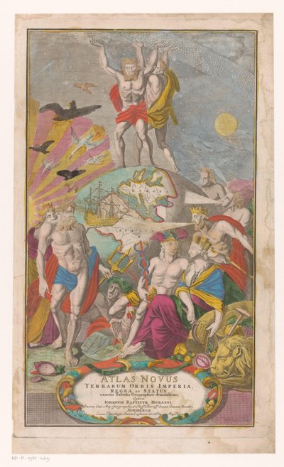 Atlas and Hercules carrying the celestial sphere (Title page for: Johann Baptista Homann, Atlas Novus Terrarum Orbis Imperia, Regna et Status exactis Tabulis Geographicè demonstrans, 1729) by Michael Rössler