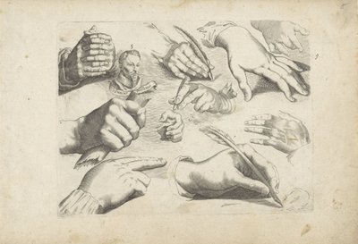 Study Sheet with Drawing Examples: Hands and Portrait of Hendrick Goltzius by Michael Snijders