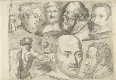 Study Sheet with Drawing Examples: Standing Figure, Rooster and Heads by Michael Snijders