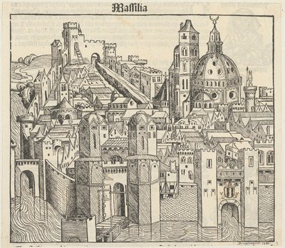 Fantasy View of the City of Marseille [recto], Three Portraits (Phereades, Pythagoras, and Sappho) [verso] by Michael Wolgemut