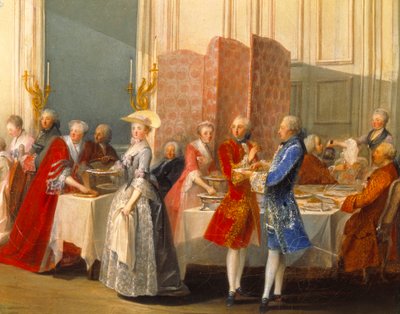 Buffet with guests next to a screen (detail) by Michel Barthelemy Ollivier or Olivier