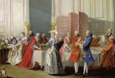 English Tea in the Salon des Quatre Glaces at the House of the Prince de Conti, Palais du Temple, detail of the guests, 1766 by Michel Barthelemy Ollivier or Olivier