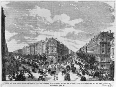 Paris in 1878, Boulevard Haussmann extended between Boulevard des Italiens and rue Taitbout, engraved by Louis Dumont by Michel Charles Fichot