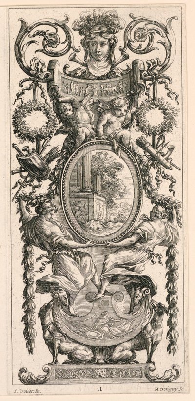 Ornamental Panel Surmounted with a Head Flanked by Foliage, plate 11 from the Livre de Diverses Grotesques peintes dans le Cabinet et Bains de la Reyne Regente, au Palais Royale by Michel Dorigny
