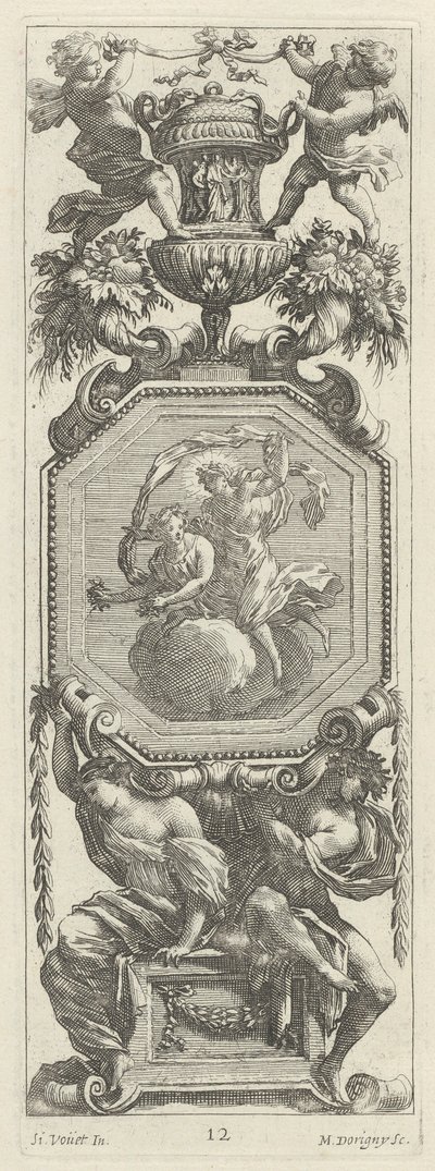 Ornamental Panel Surmounted by Two Putti and a Vase by Michel Dorigny, after Simon Vouet