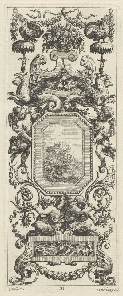 Ornamental Panel Surmounted by a Basket of Flowers and a Garland by Michel Dorigny, after Simon Vouet
