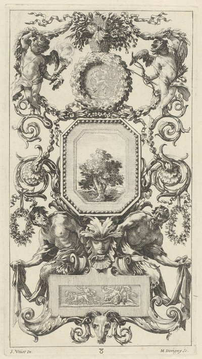 Ornamental Panel Surmounted by a Basket of Flowers with Cupid and Hymen by Michel Dorigny, after Simon Vouet