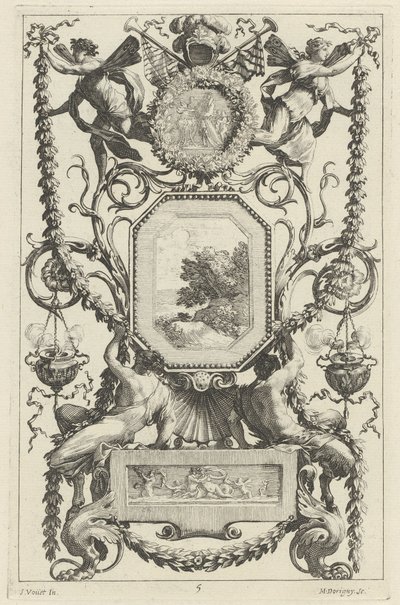 Ornamental Panel Surmounted by a Medallion with a Sacrifice by Michel Dorigny, after Simon Vouet