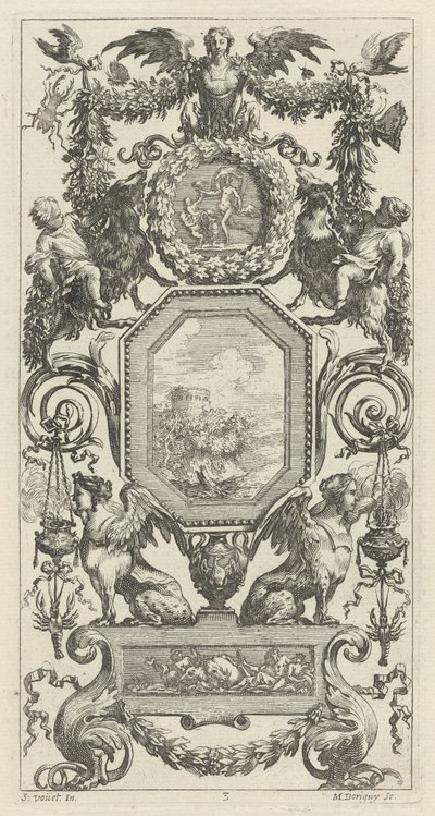 Ornamental Panel Surmounted by a Winged Harpy by Michel Dorigny, after Simon Vouet