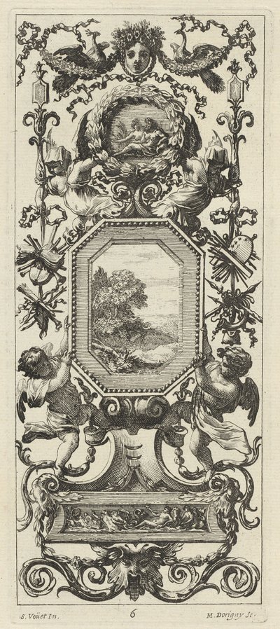 Ornamental Panel Surmounted by the Crowned Head of a Woman and Two Peacocks by Michel Dorigny, after Simon Vouet