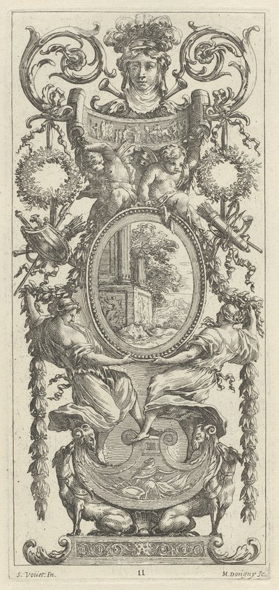 Ornamental Panel Surmounted with a Head Flanked by Foliage by Michel Dorigny, after Simon Vouet