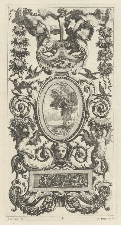 Ornamental Panel with Pan and Two Garland-Bearing Women by Michel Dorigny, after Simon Vouet