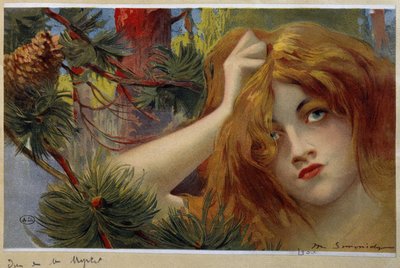 Redhead woman looking inqiuiete, stands her head by Michel Simonidy