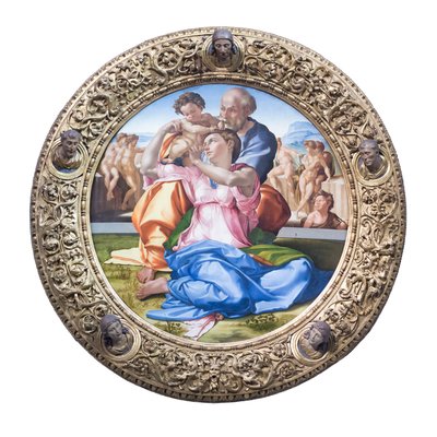 Holy family with the young St. John the Baptist, known as "Doni tondo" by Michelangelo Buonarroti