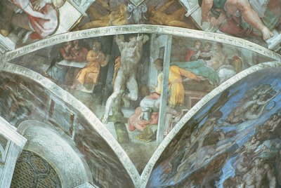 Sistine Chapel Ceiling: Haman (spandrel) (pre restoration) by Michelangelo Buonarroti