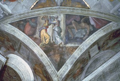 Sistine Chapel Ceiling: Judith Carrying the Head of Holofernes (spandrel) (pre restoration) by Michelangelo Buonarroti