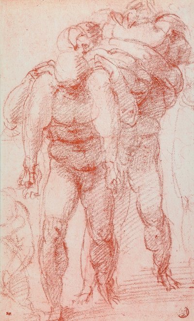 Three Men Carrying a Body, Drawing by Michelangelo by Michelangelo Buonarroti