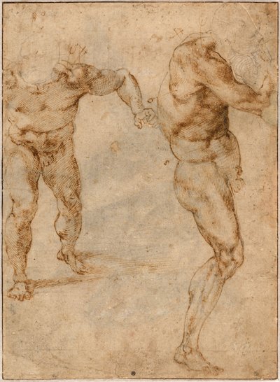 Two Nude Studies of a Man Storming Forward and Another Turning to the Right, c. 1504 by Michelangelo Buonarroti