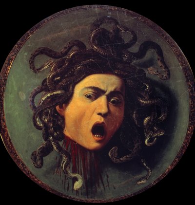Head of Medusa. Painting on the reverse of a shield covered with canvas. Symbol of the victory of reason over the senses referring to the myth of Perseus and Medusa by Michelangelo Merisi da Caravaggio