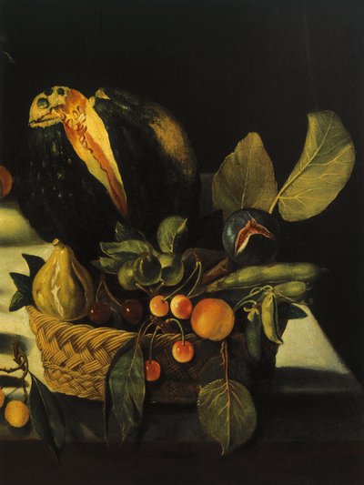 Still Life with Flowers and Fruit by Master of the Hartford Still Life (detail) by Michelangelo Merisi da Caravaggio
