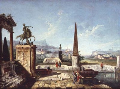A Capriccio of Classical Monuments, an Obelisk with Soldiers by a Pool and Mountains Beyond by Michele Marieschi