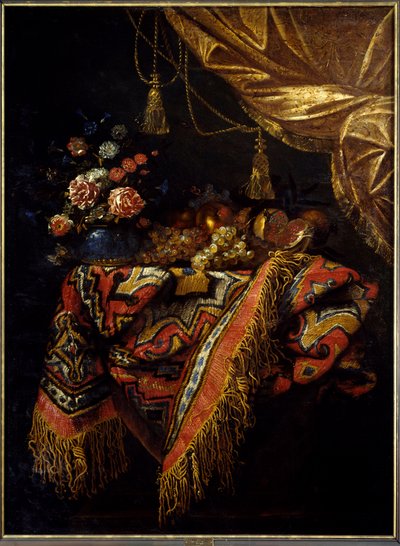 Still Life with Fruits and Flowers on a Tablecloth by Michele Pace del Campidoglio
