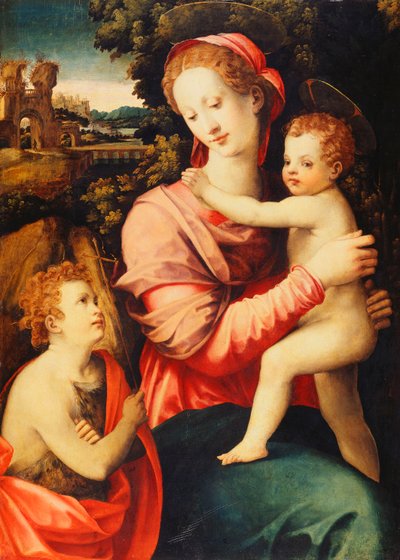 The Madonna and Child with the Infant Saint John the Baptist, a Wooded River Landscape with an Imaginary Palace Beyond by Michele di Ridolfo Tosini