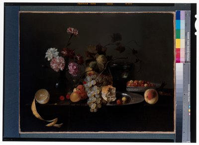 Still Life with Flowers, Fruits and a Rummer Glass on a Stone Slab by Michiel Simons