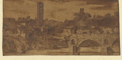 View of S. Maria in Cosmedin, the Temple of Vesta and the Ponte S. Maria in Rome by Michiel van Overbeek