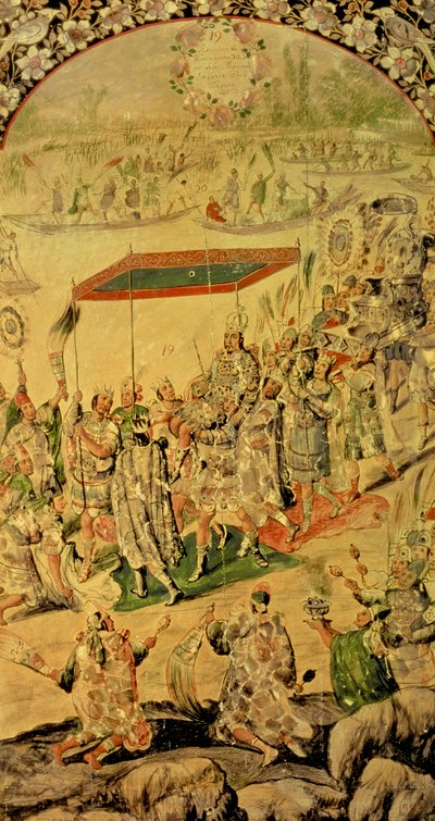One of a pair of panels depicting the encounter between Hernando Cortes and Montezuma: Montezuma and his followers, 1698 by Miguel and Juan Gonzalez
