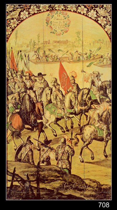 The encounter between Hernando Cortes and Montezuma by Miguel and Juan Gonzalez