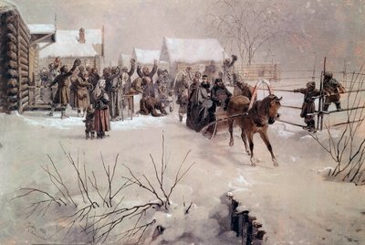 Tsar Alexander II (1818-1881) in a sleigh crosses a village under snow by Mihaly von Zichy