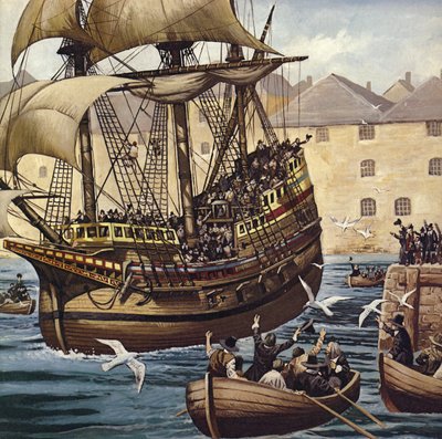 Westward Ho! The Mayflower Leaves Plymouth Ho on 16 September 1620 by Mike (20th century) White