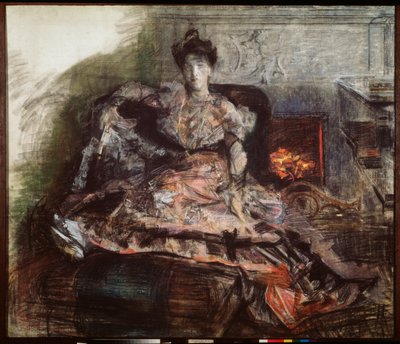 After The Concert - Portrait Of N Zabela-Vrubel At The Fireplace In A Dress Designed By Vrubel. Work by Mikhail Alexandrovich Vrubel by Mikhail Aleksandrovich Vrubel