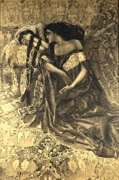 Tamara and Demon. Illustration to the Poem The Demon by Mikhail Lermontov by Mikhail Aleksandrovich Vrubel