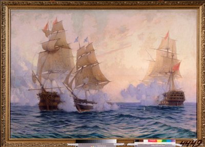The brig Mercury fighting two Turkish ships, May 14, 1829 by Mikhail Stepanovich Tkatchenko